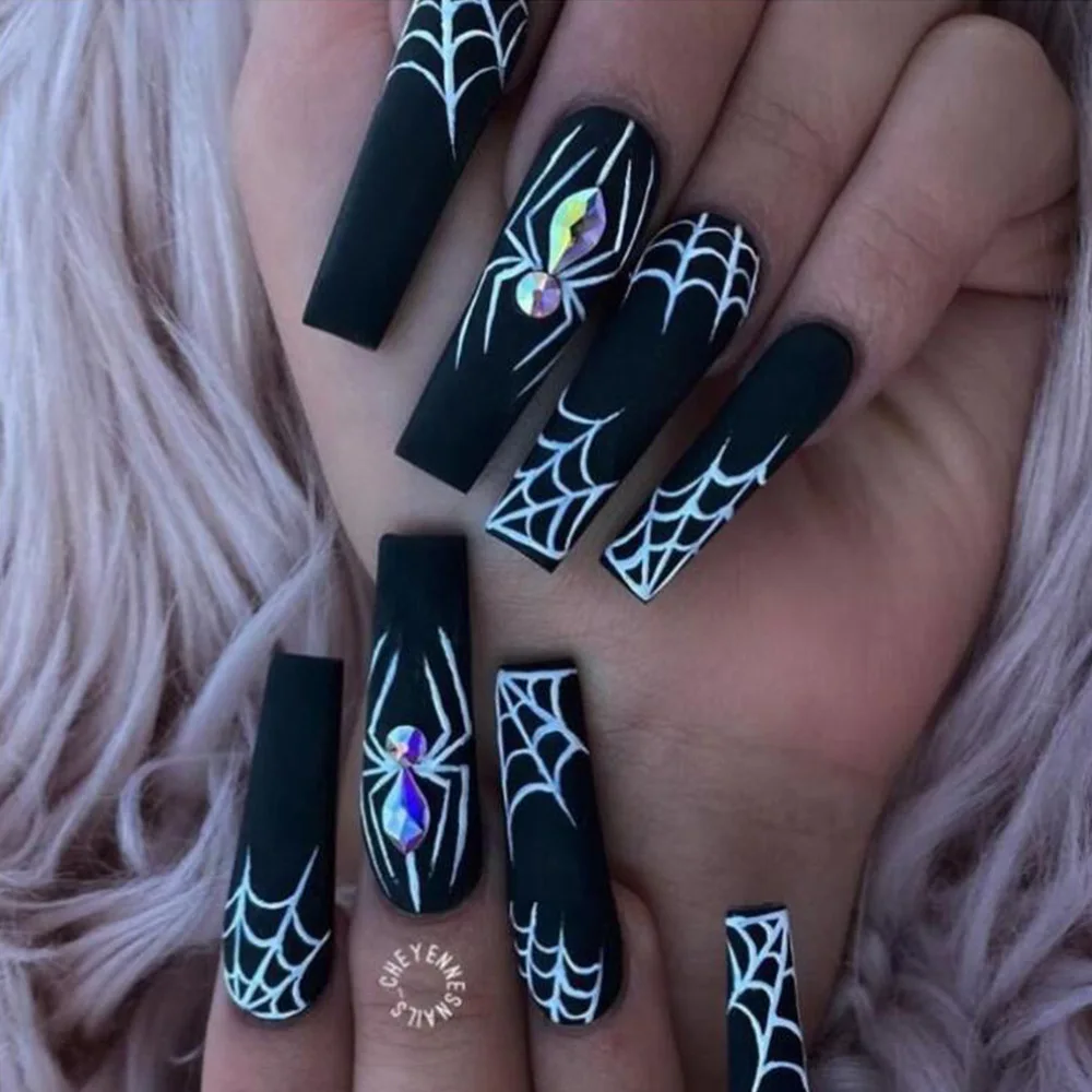 

24Pcs/Set Dark Spider Halloween Wearing False Nails Tips Removable Handmade Long Fake Nails Artificial French Press on Nail Art