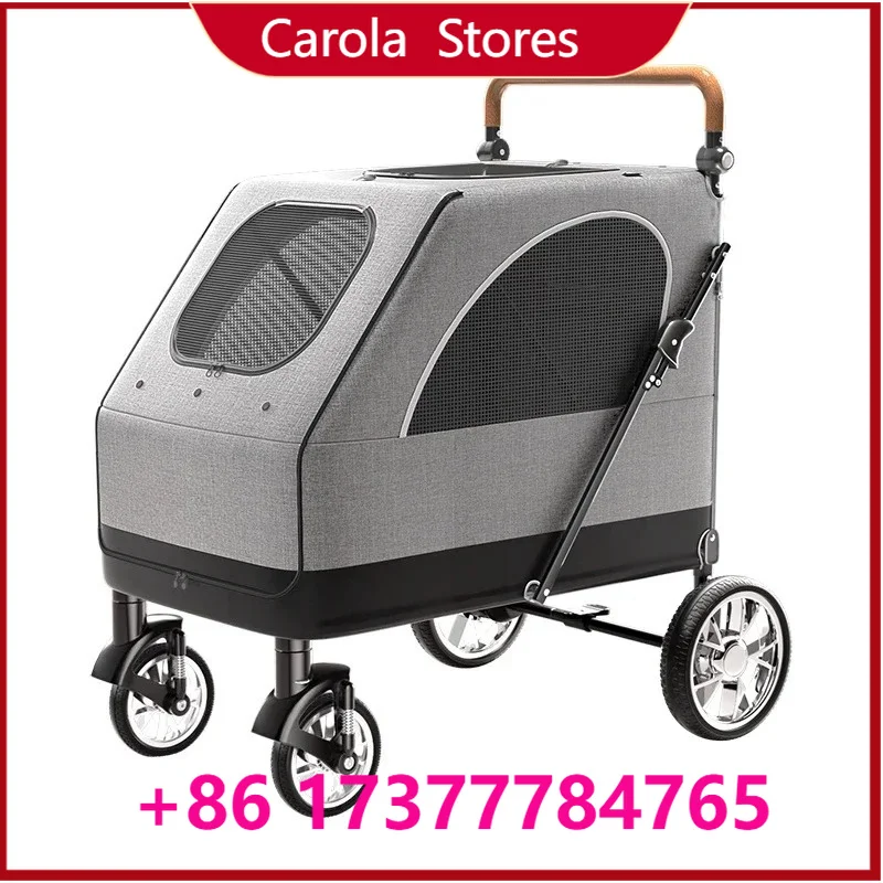 A versatile pet stroller dened for large dogs, featuring an adjus handle. Ideal for pet cers and travel needs.