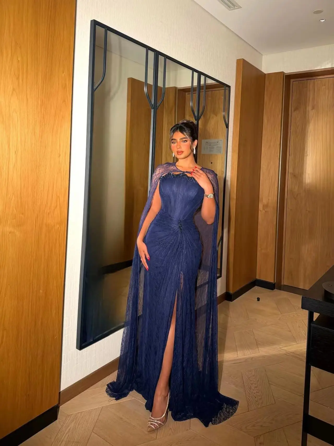 

Navy Blue Mermaid Prom Dresses for Women 2027 with Slit Lace Jacket Formal Evening Gowns Customized
