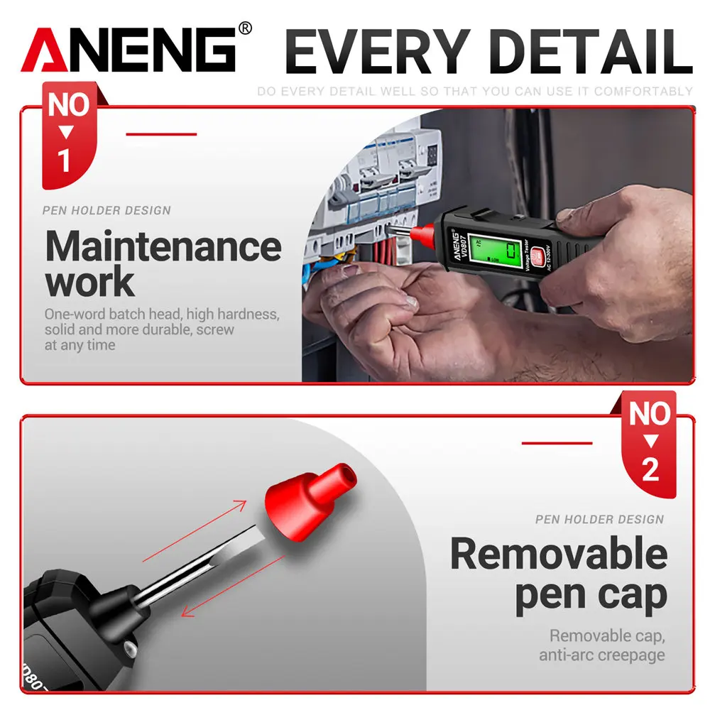 ANENG VD807 Tester per penna elettrica intelligente portatile a induzione con una sola parola 50/60Hz Sensore NCV AC 12-300V Strumenti per rilevatori di cavi senza contatto