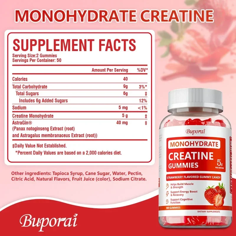 Creatine Monohydrate Gummies - Supports Cognitive Function and Muscle Health, Helps Build Muscle and Strength, and Boosts Energy