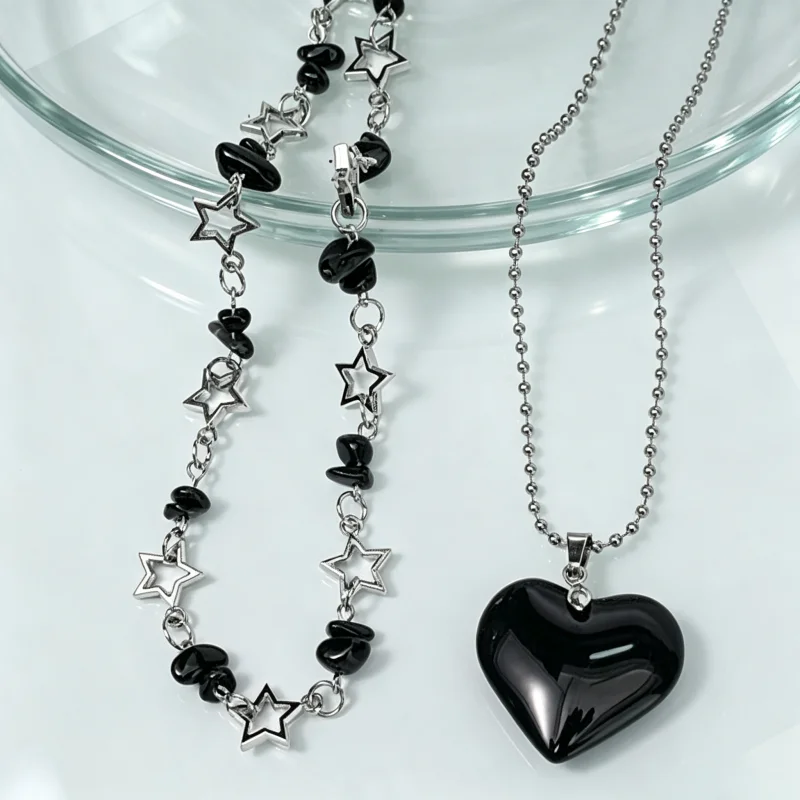 2-piece Y2K Blackheart Natural Obsidian Bead Layered Necklace Set Silver Stackable Choker Gothic Street Jewelry
