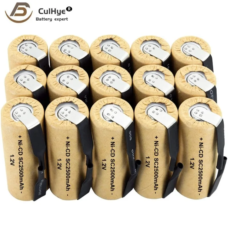 Sub C NI-CD Cell High Rate 100% SC2500mAh 1.2V Rechargeable Battery  with Welding Tabs for Electric Drill Screwdriver 15 Pack