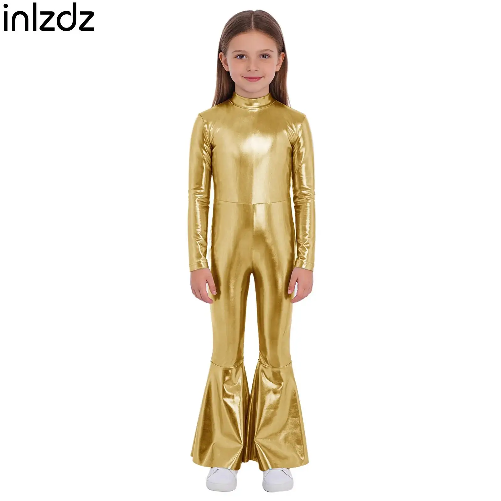 

Teen Girls Jazz Performance Dancewear Metallic Jumpsuit Kids Long Sleeve Bell-Bottom Full Bodysuit for Festival Theme Club Party