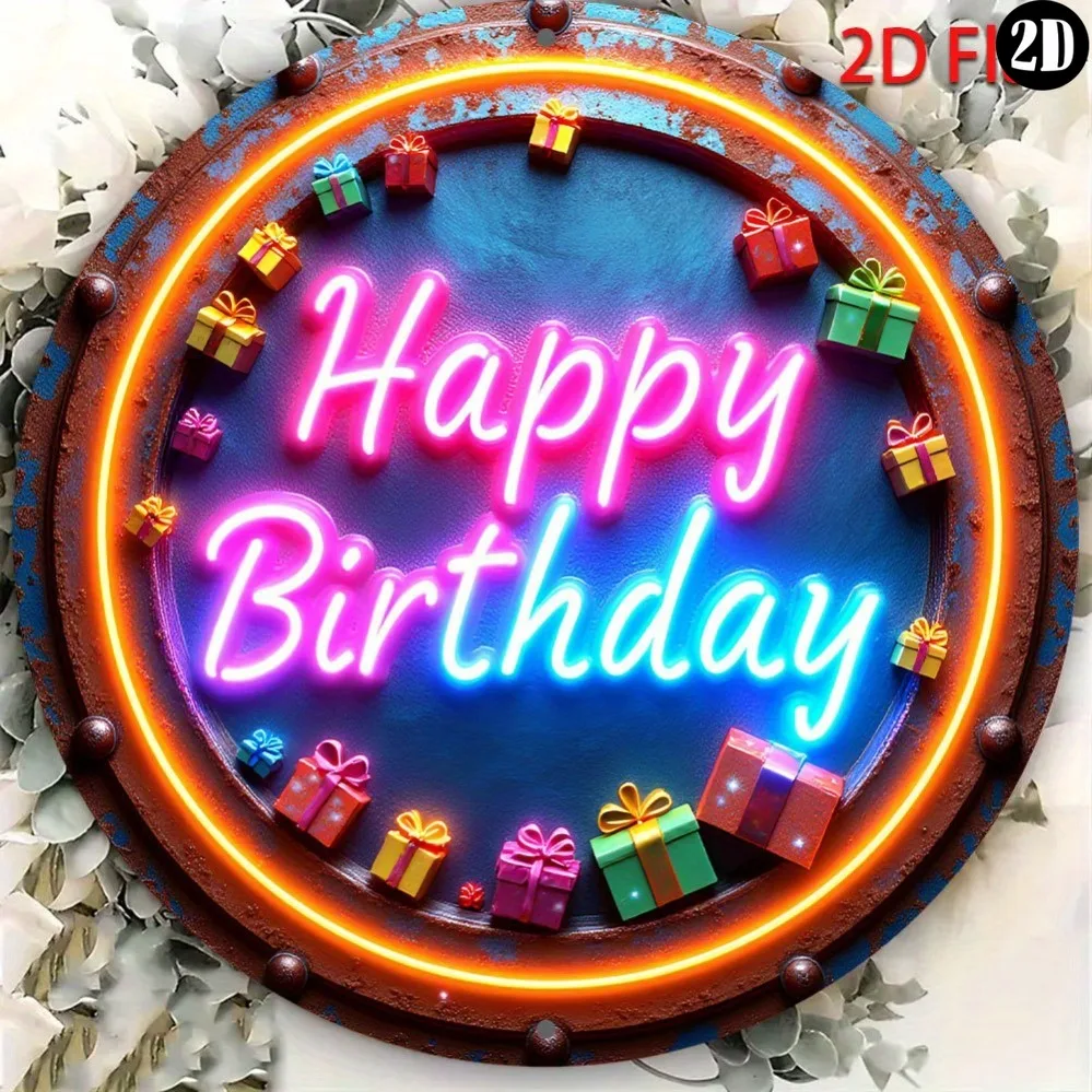 Round Rivet Rust Metal Tin Sign Happy Birthday Gift Fake Neon Wall Decor, Non LED 2D Flat Plaque For Birthday Party Bar