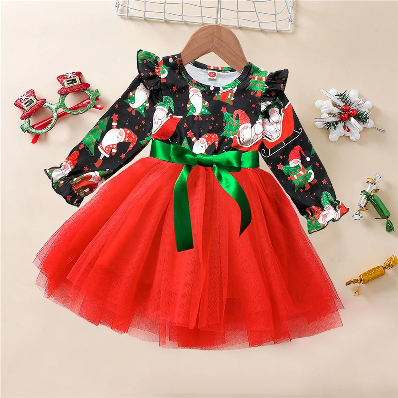 

Рождественские платья для девочек, детское сетчатое лоскутное платье с длинными рукавами для дня рождения, платье-пачка принцессы, бальная детская одежда