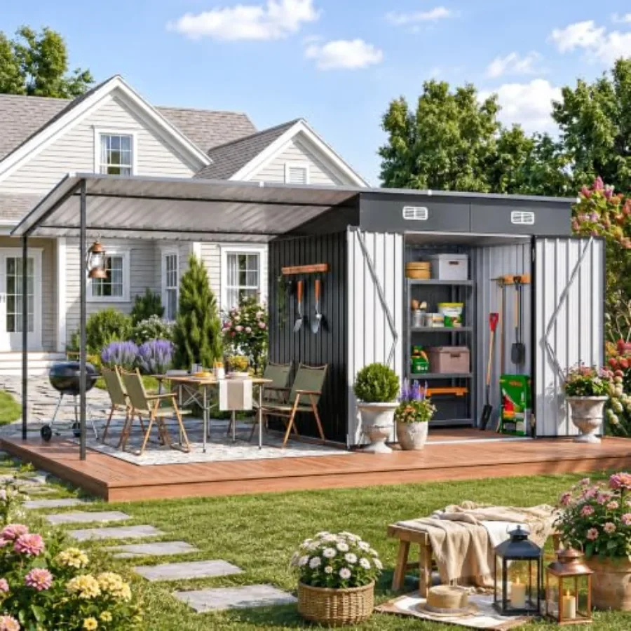 6x4FT Outdoor Storage Shed and Hardtop Gazebo Combo