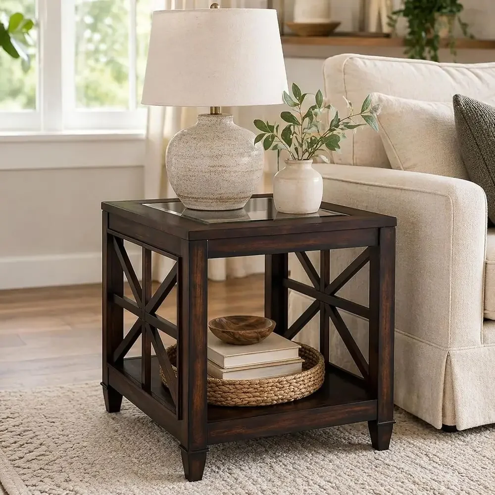 

Promotion PriceSpecial OfferSet O 2 Large Solid Wood End Tables With Tempered Glass Top, 28" X 24" Armhouse Side Tables, Vintage
