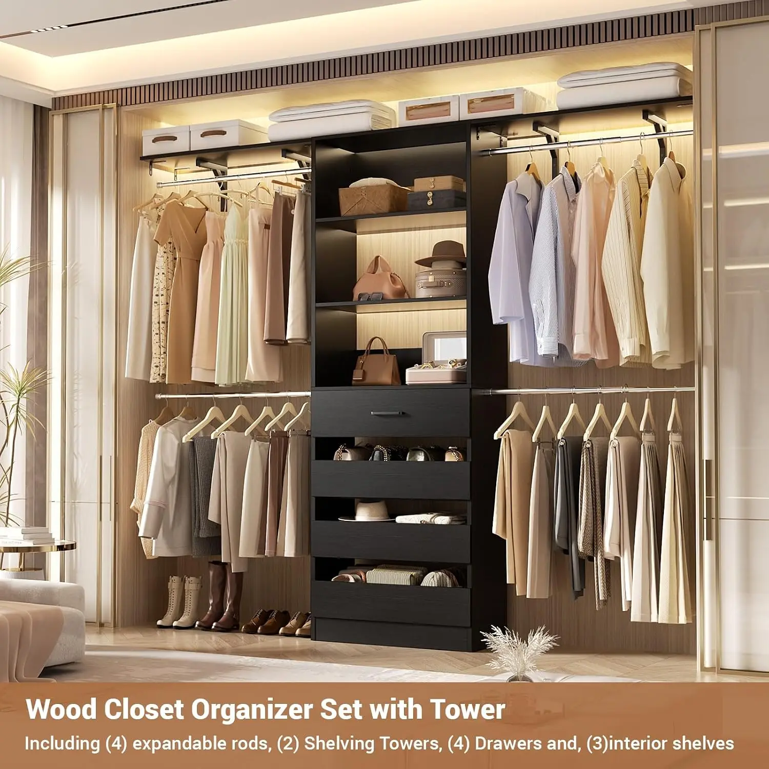 8FT Wood Closet Organizer with 4 Drawers, Wall Mounted Storage System, Customized