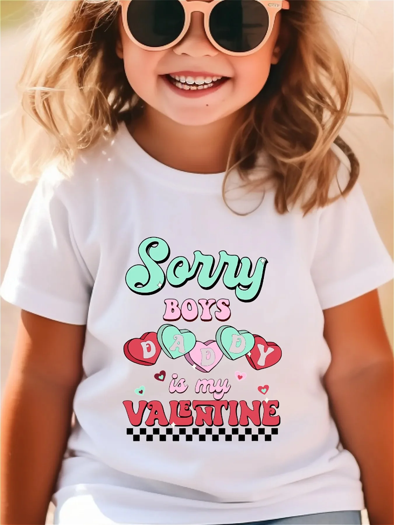 Valentine's Day girl's T-shirt sorry boys daddy is my Valentine letter printed soft Comfortable round neck short sleeved top
