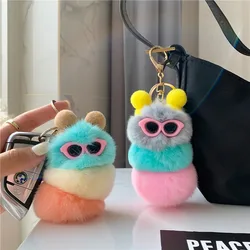 Cute Colorful Plush Caterpillars Keychain With Sunglasses Soft Rabbit Fur Animal Pompom Pendant With Key Rings For Women Handbag
