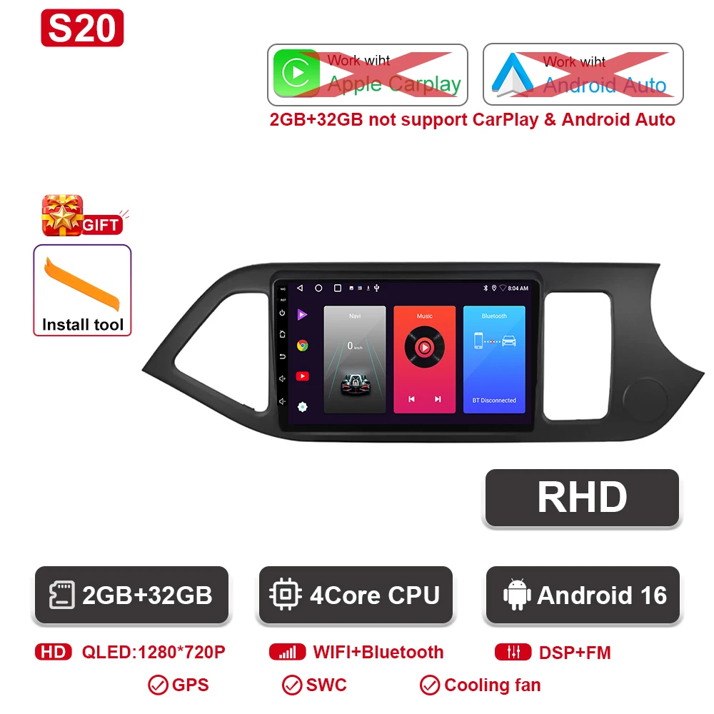 Android 16 Voor KIA PICANTO Ochtend 2011 2012 2013 2014 2015 2016 Carplay Auto Multimedia Autoradio Navigatie Speler WIFI + 4G DSP