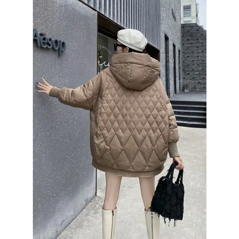 Women's New Style White Duck Down Down Jacket Shell Hooded Large Size Diamond Pattern Loose Fit Plus Size Mid-Length Outerwear