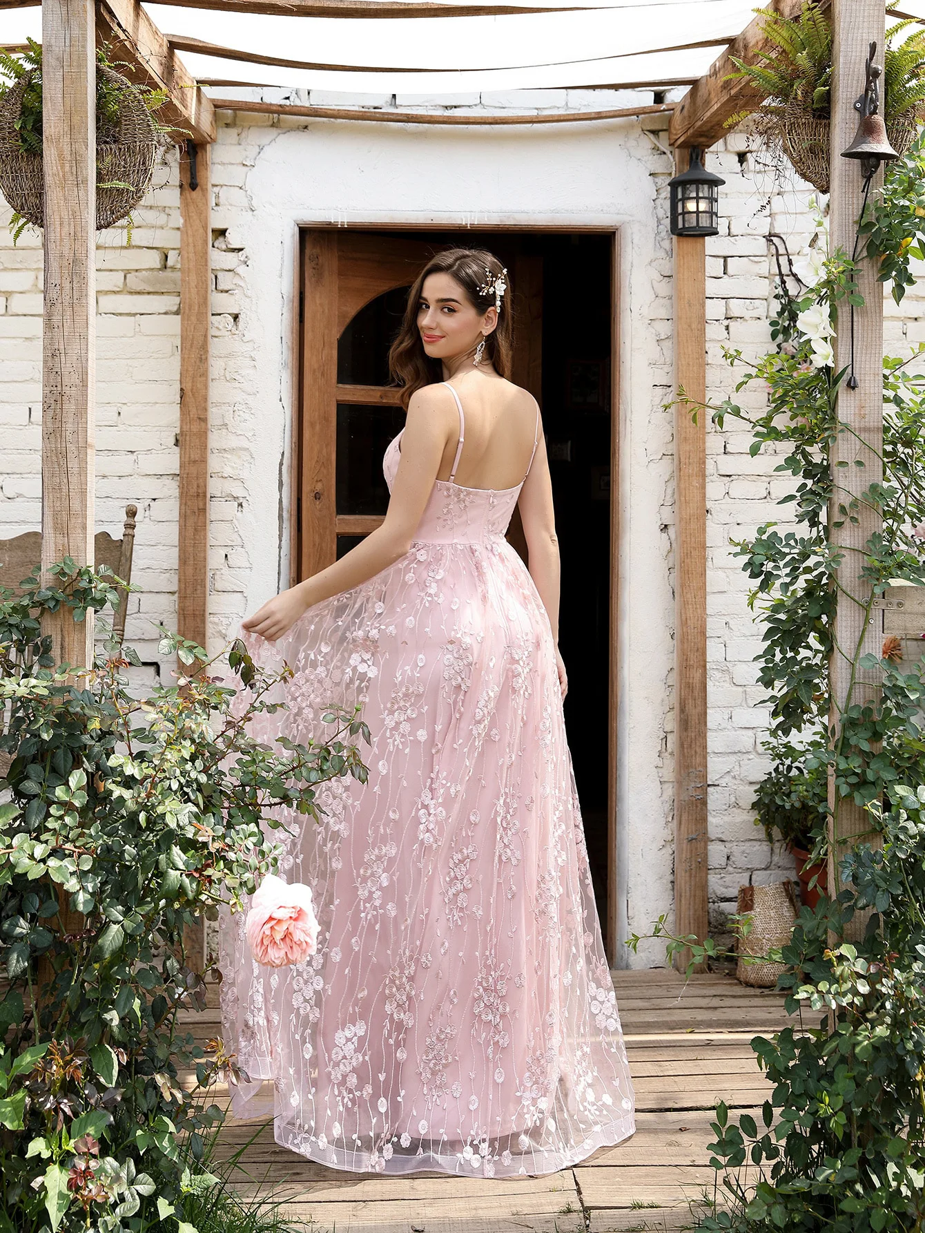 Vestido de noche con tirantes y cuello en V para mujer, bordado de malla, Espalda descubierta, elegante, fiesta de graduación, dama de honor