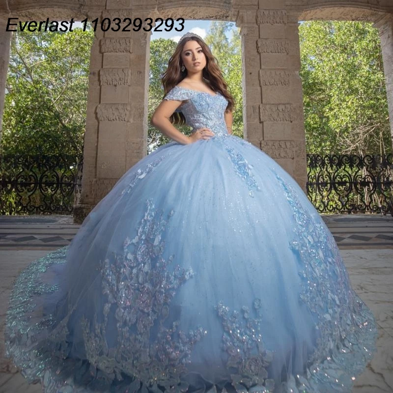 EVLAST Customized Mexican Sky Blue Quinceanera Dress Ball Gown Lace Applique Beading Corset Sweet 16 Vestido De 15 Anos E1Q52