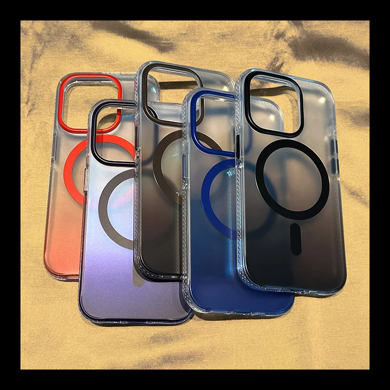 Gradient Clear anti-fall Magsafe case for iphone 15 13 14pro 13pro 15pro 14pro max Matte Wireless charging Lens protective cover