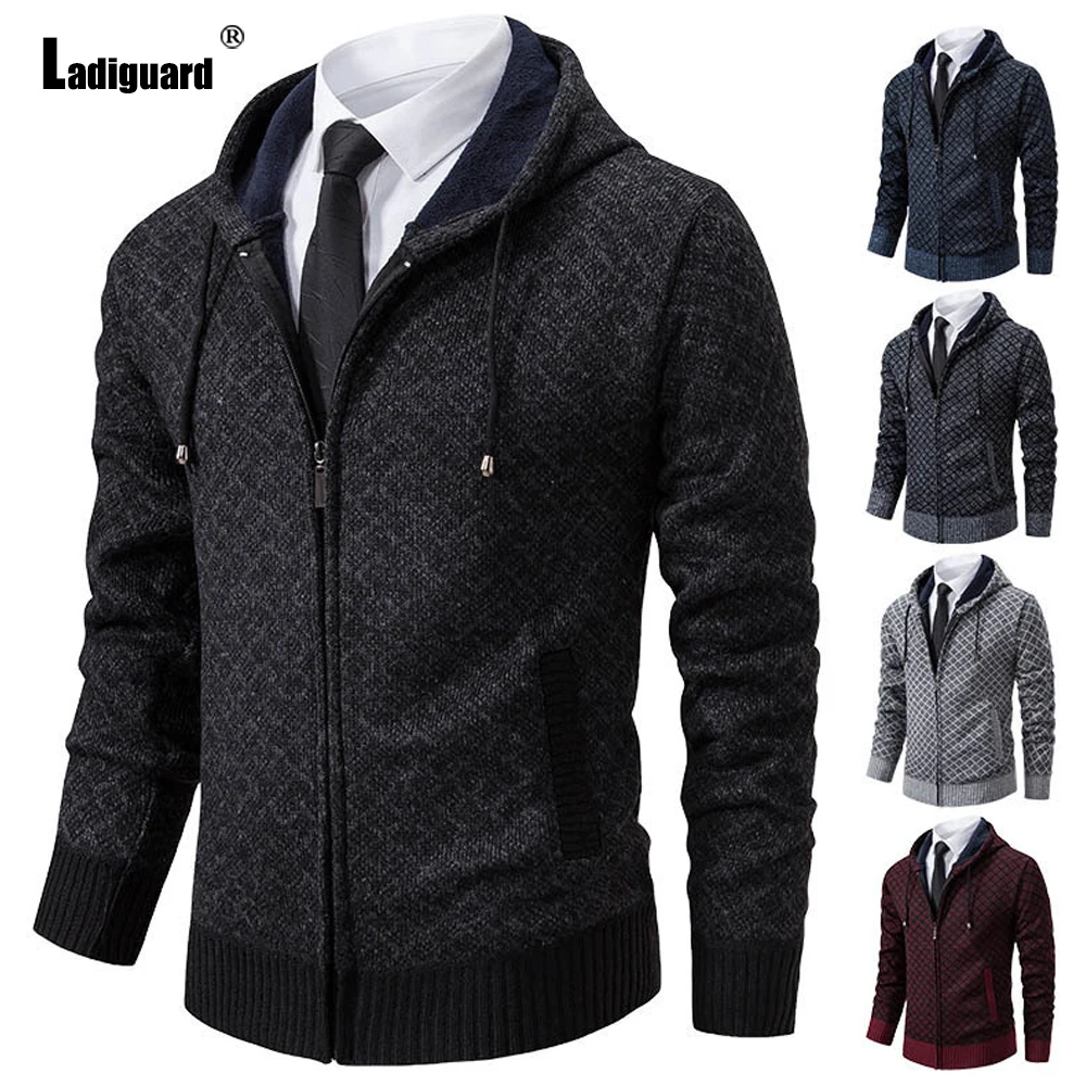 

Ladiguard 2024 New Knitting Sweaters Winter Plush Coats Mens Basic Top Cardigans European Style Fashion Plaid Hooded Sweater