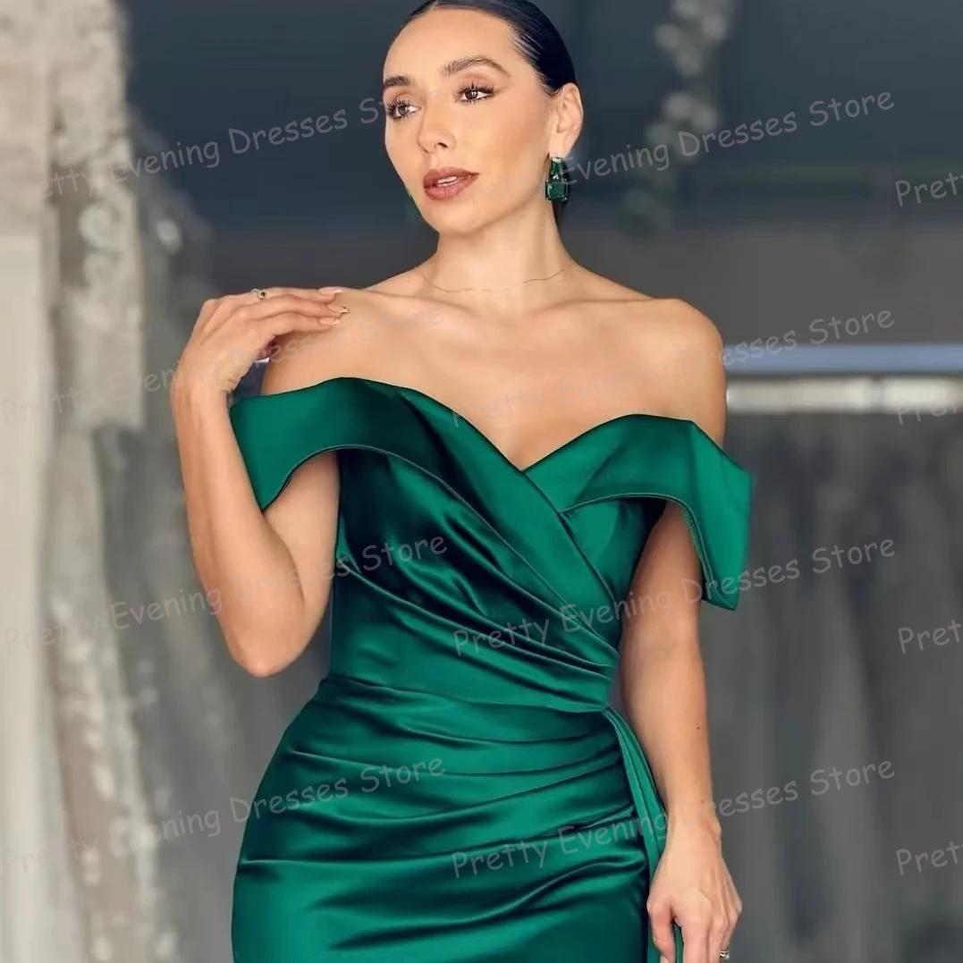 Simple Green Evening Dresses Mermaid Sexy Off Shoulder Sleeveless Prom Growns Woman's Pleat Customized Party Vestidos De Fiesta