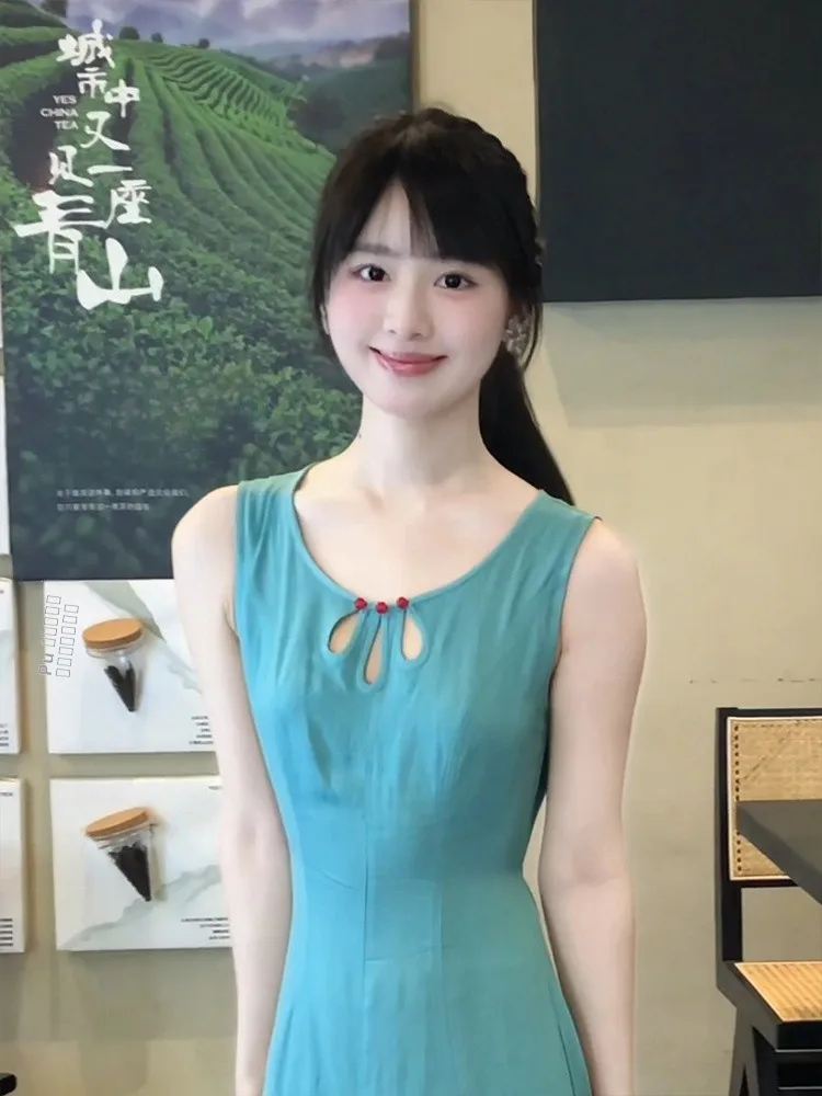 

Ele Hollow out Vest Dr Women's plus Size Summer Slimming Fi Tail Long Skirt Korean Sle Commute Faion Polyester F...