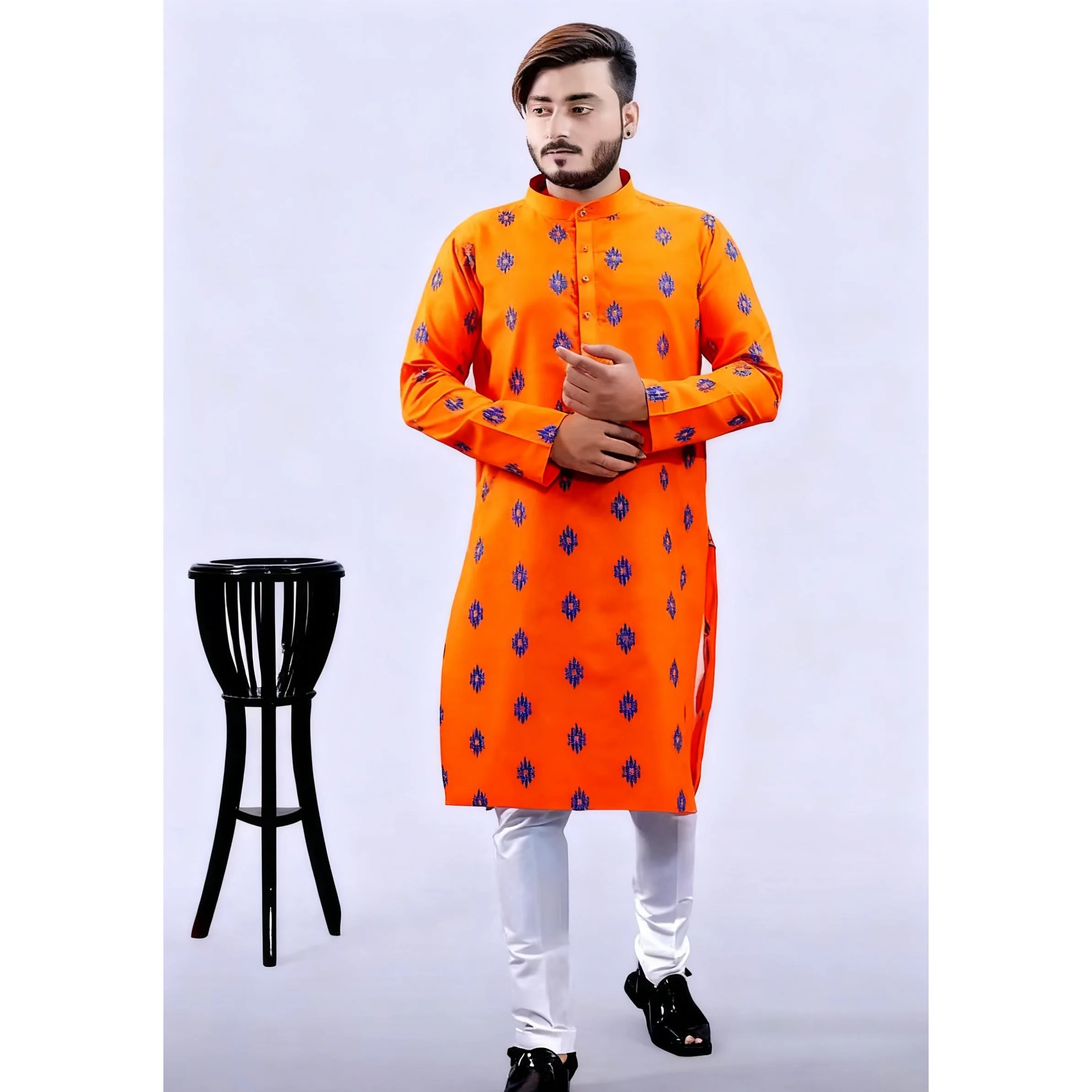 

Мусульманский роскошный повседневный исламский арабский халат Абая, модный этнический принт, воротник-стойка, молодежная рубашка средней длины, пальто в национальном стиле