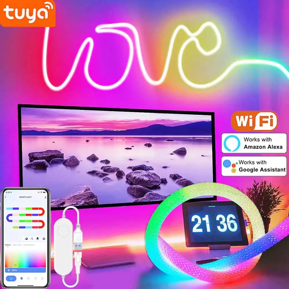 Tuya okrągłe siatkowe światło neonowe 5 V RGBIC taśma neonowa Tuya Wifi pilot aplikacji LED Smart IP67 360 °   Okrągłe 50 diod LED/m Światła