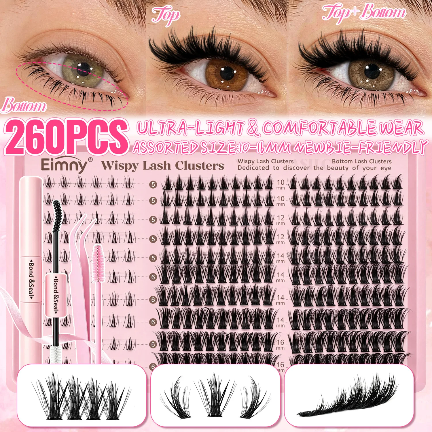Manga Wimpern-Cluster-Set, natürlich, 260 Stück, Wimpernverlängerungs-Set, verschiedene Längen, D-Curl, für Anfänger geeignet