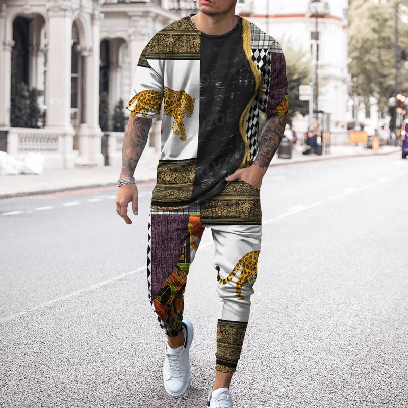 Summer 2 Piece Sets Sport Tshirts Joogers Men's Tracksuits Colored Retro Pattern 3D Printed Casual Short Sleeve T-shirt Trousers