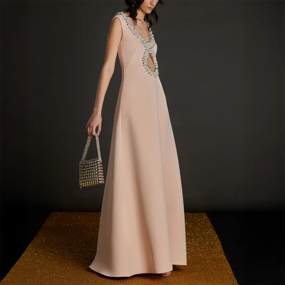

Розовые вечерние платья без рукавов с v-образным вырезом по индивидуальному заказу, платья для выпускного вечера с кристаллами и жемчугом, трапециевидное платье для выпускного вечера длиной до пола 2026