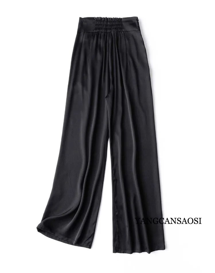 Pocket Design 93% Natural Mulberry Silk Elastic Double Qiao Satin Black Drape Comfortable Women's Fashionable Casual Pants