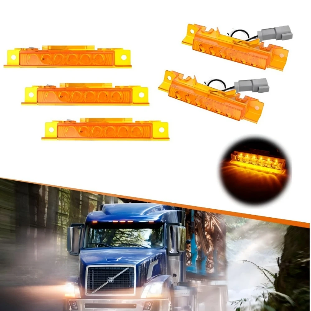 POVTOR 5PCS 6LED Truck Trailer Cab Marker Top Amber Lens Roof Running Light Reflective Lights for 2004 VN 2003-2020 VNL
