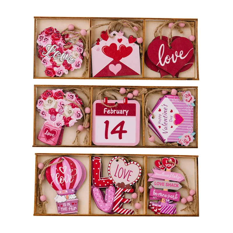 9pcs Valentine Hangings Wood Holiday Decoration Love Flower Valentine Ornaments Valentine's Day Decorative Love Envelope Pendant