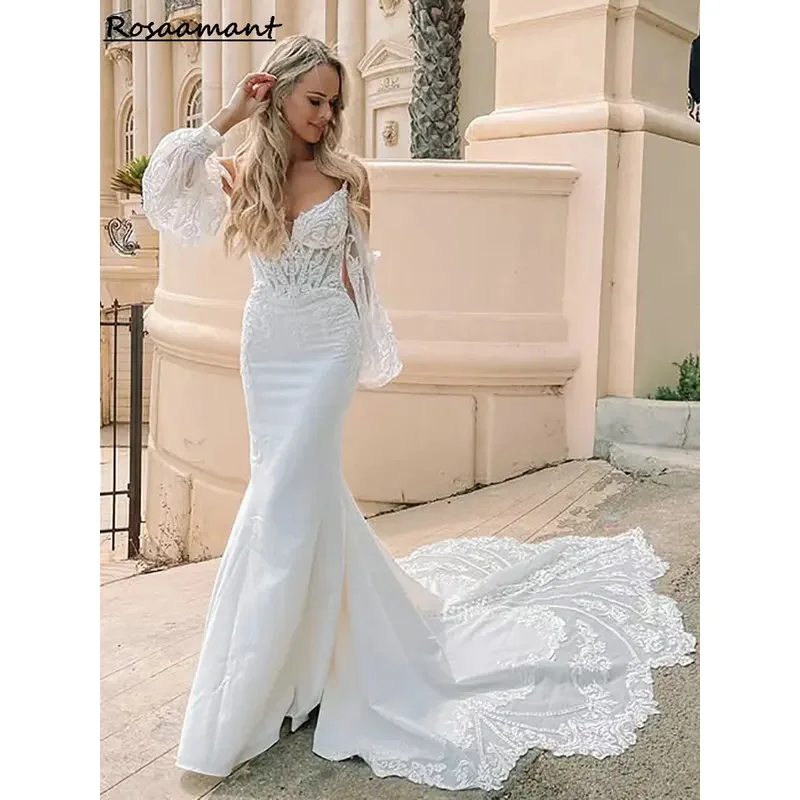 

Romantic Spaghetti Straps Backless Mermaid Wedding Dresses Illusion Detachable Sleeve Appliques Lace Boho Bridal Gowns