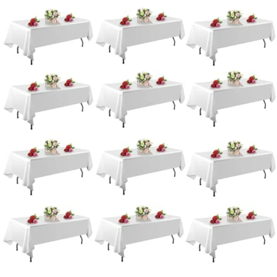 

12 белых прямоугольных скатертей 60 x 102 дюймов для столов длиной 6 футов, устойчивых к пятнам и складкам, из полиэстера, моющиеся, для вечеринок