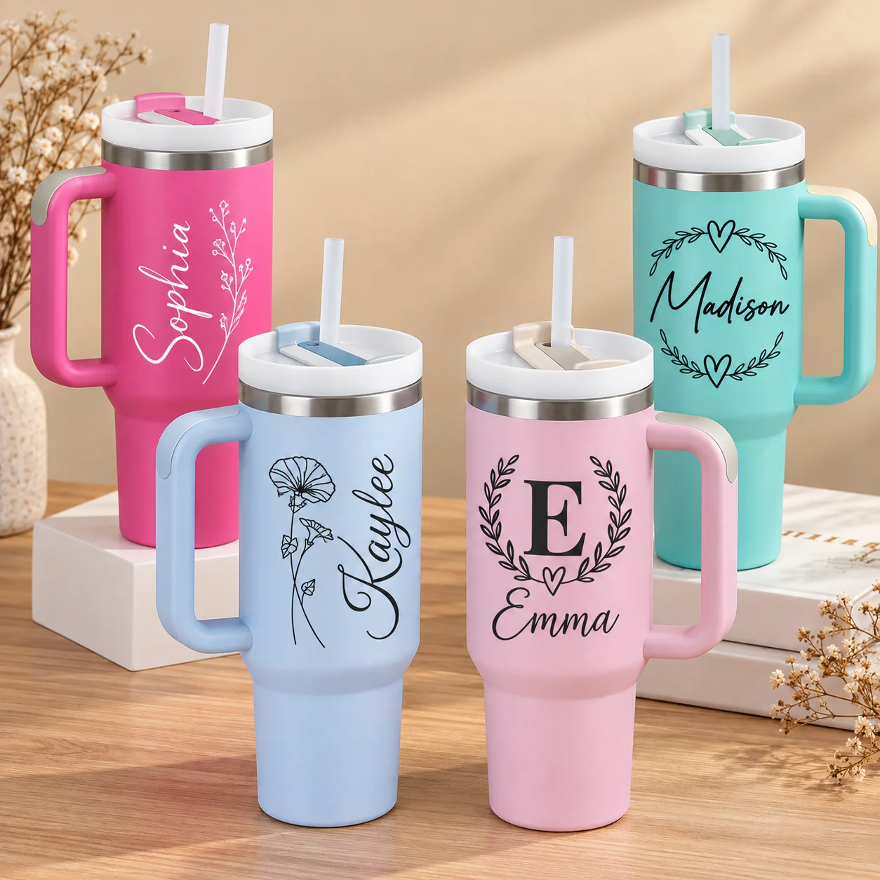 40oz Travel Tumbler Custom Logo Insulated Water Bottle with Handle Large Capacity Reusable Cup for Gym Workout Car Commute Gift