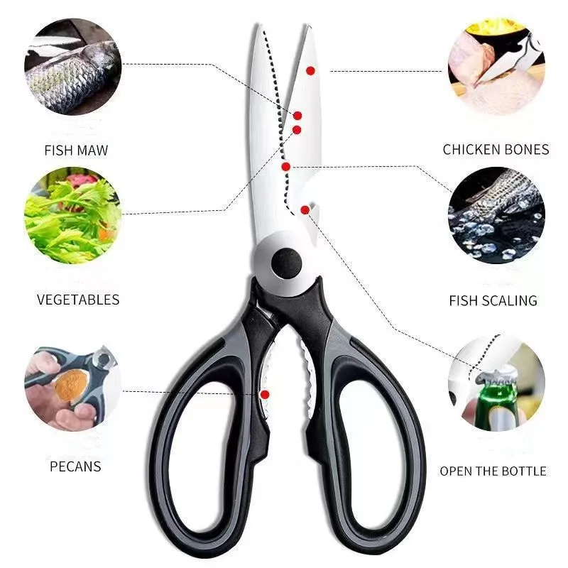 Kitchen Scissors Stainless Steel Multifunctional Non Slip Sharp Chicken Bone Scissors Chicken Wings Fish Killing BBQ Scissors