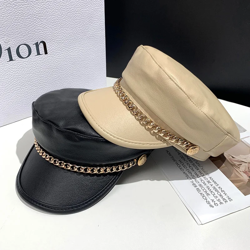 

British Retro Pu Leather Cap Women Spring and Autumn Day System of Octagonal Hat Korean Version of Fashion Chain Flat Hat Tide