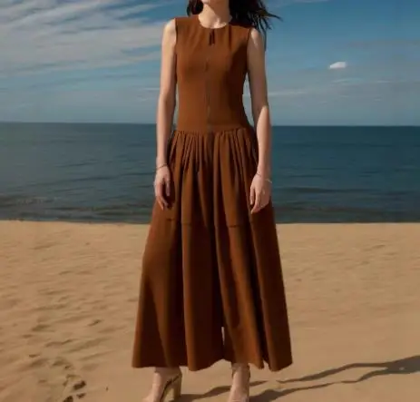 2025 elegante sexy nova moda casual sem mangas em torno do pescoço zíper frontal design cintura alta e grande balanço vestido em camadas