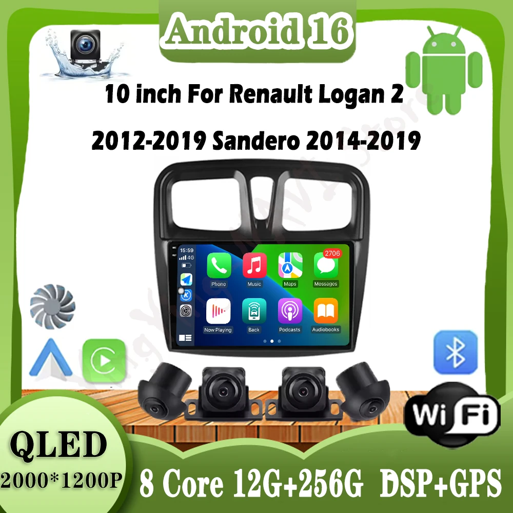 

10-дюймовый Android 16 для Renault Logan 2 2012-2019 Sandero 2014-2019 Мультимедийный видеоплеер GPS DSP Carplay Стерео Аудио 2din