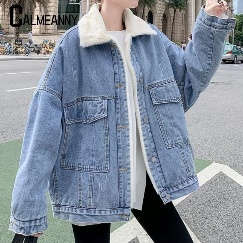 2024 Winter New Jeans Coats Women Warm Thick Fleece Denim Jacket Korean Loose Hooded Fur Collar Long Parka Outerwear