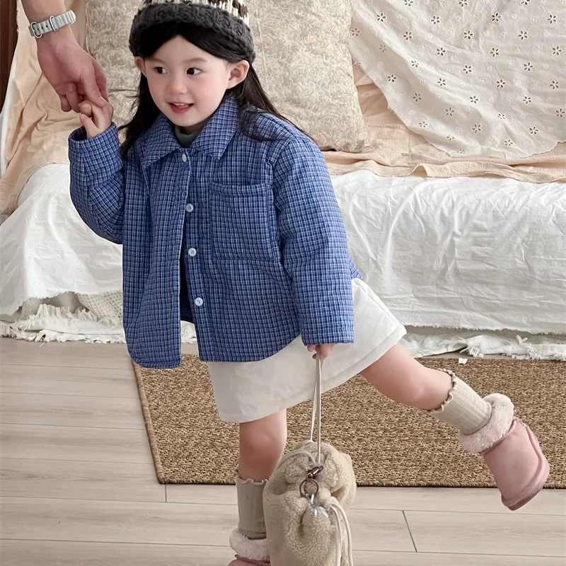 

Пальто для девочек, осень-зима 2021, модная модная теплая толстая универсальная синяя клетчатая свободная верхняя одежда с длинными рукавами в Корейском стиле