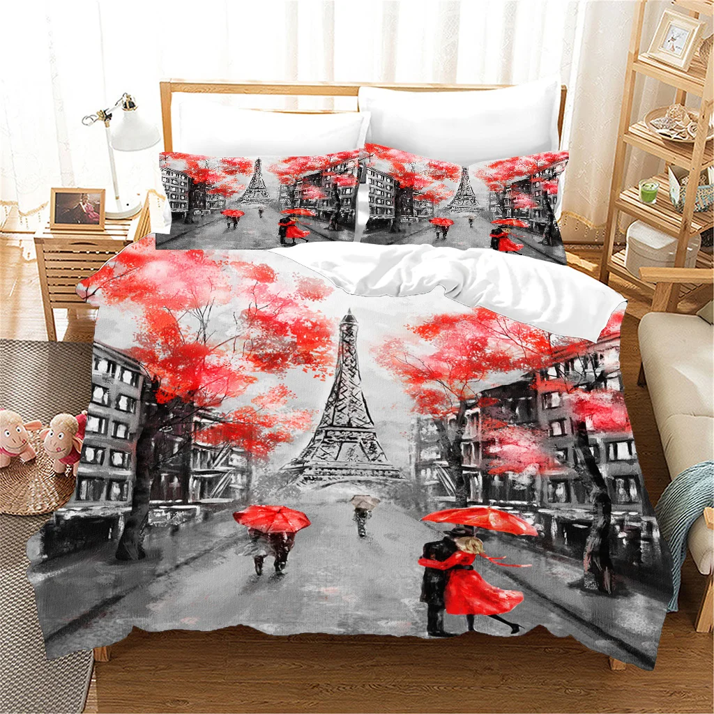 Modern City View Eiffel Tower Red Umbrella Design 3PCS Bedding Sets Single Double Bed Duvet Cover Set and 2 pcs Pillow cover