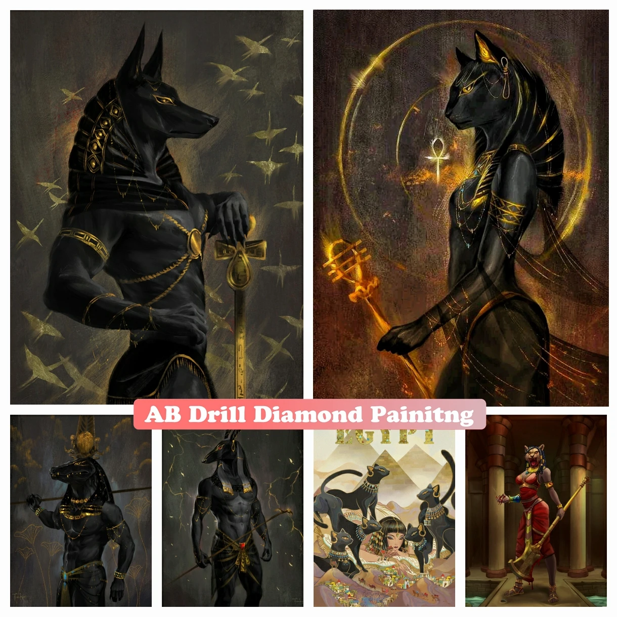 Egyptian Goddess Bastet And Anubis God 5D DIY AB Diamond Painting Mosaic Embroidery Ancient Egypt Cat Cross Stitch Home Decor