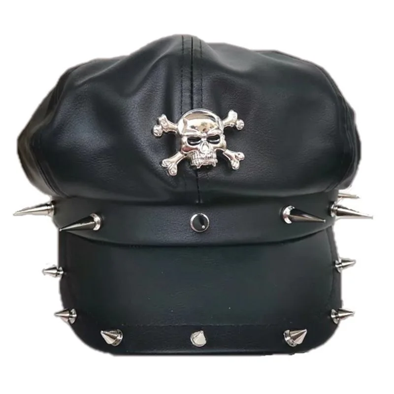 Fashion Harajuku Gothic Punk PU Leather Women Beret Vintage Flat Top Military Caps With  Rivets Hip-hop Lolita Accessories