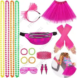 1980s Cosplay Clothing Women Set Mesh Yarn Skirt Belly PocketFingerless Mesh Gloves Bracelet,Earring Neon 80s Outfit Party