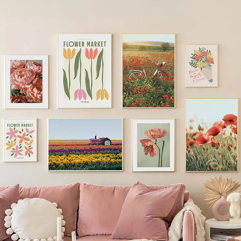 Spring Fields Wildflower Peony Flower Market Wall Art Canvas Painting Nordic Posters And Prints Pictures For Living Room Decor