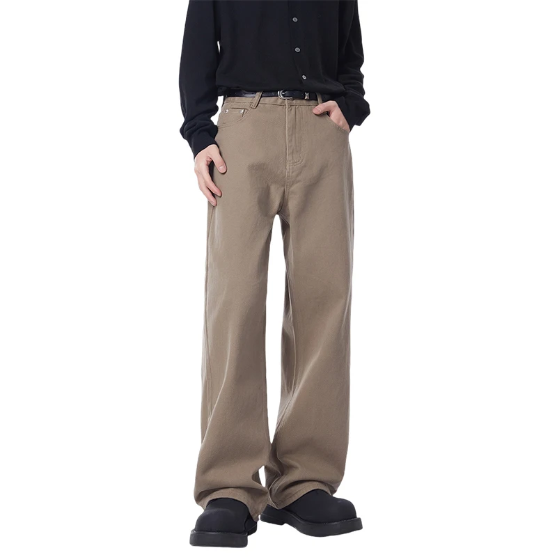

Новые модные мужские брюки из чистого хлопка в корейском стиле, однотонные, простые, базовые, повседневные, универсальные, прямые брюки свободного кроя с эффектом потертости