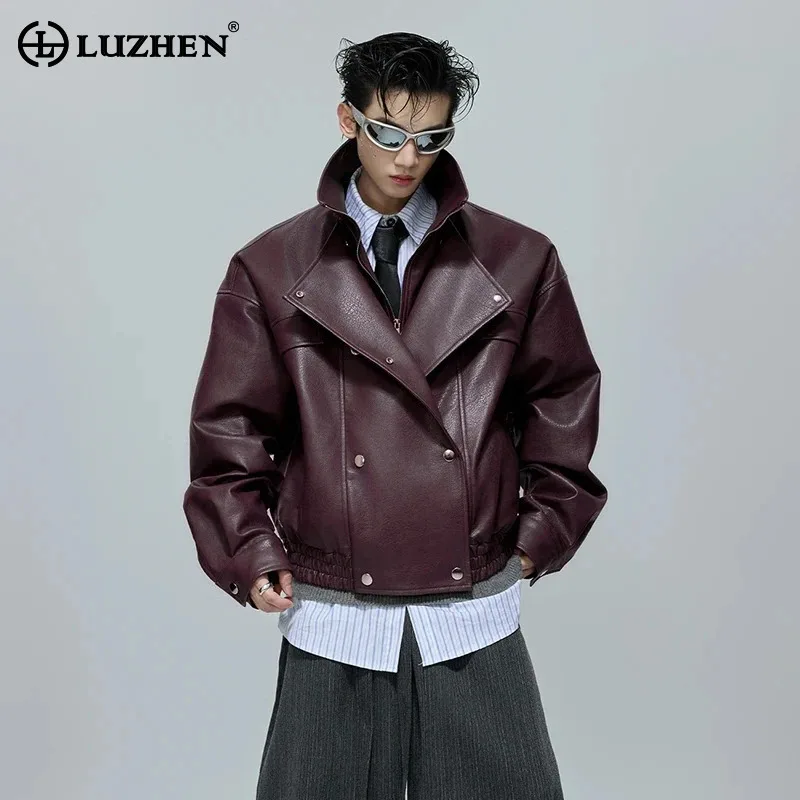 

LUZHEN Мужские кожаные куртки с отложным воротником из искусственной кожи, дизайн с нишевым воротником, однобортный дизайн, свободные мужские короткие пальто с карманами JY4452