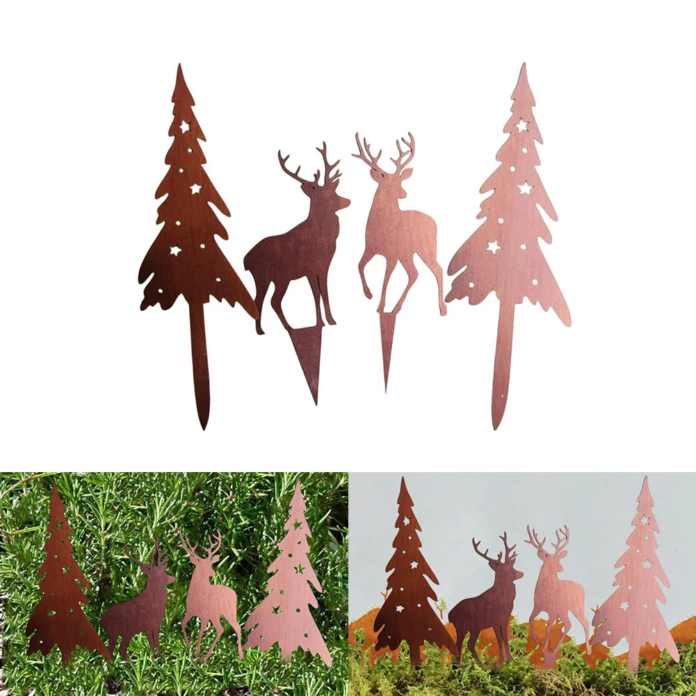 4 Piece Christmas Decoration Gnome Holder 2d Wood Coloured Exquisite Little Deer Christmas Tree Set Garden Decoration Outdoor