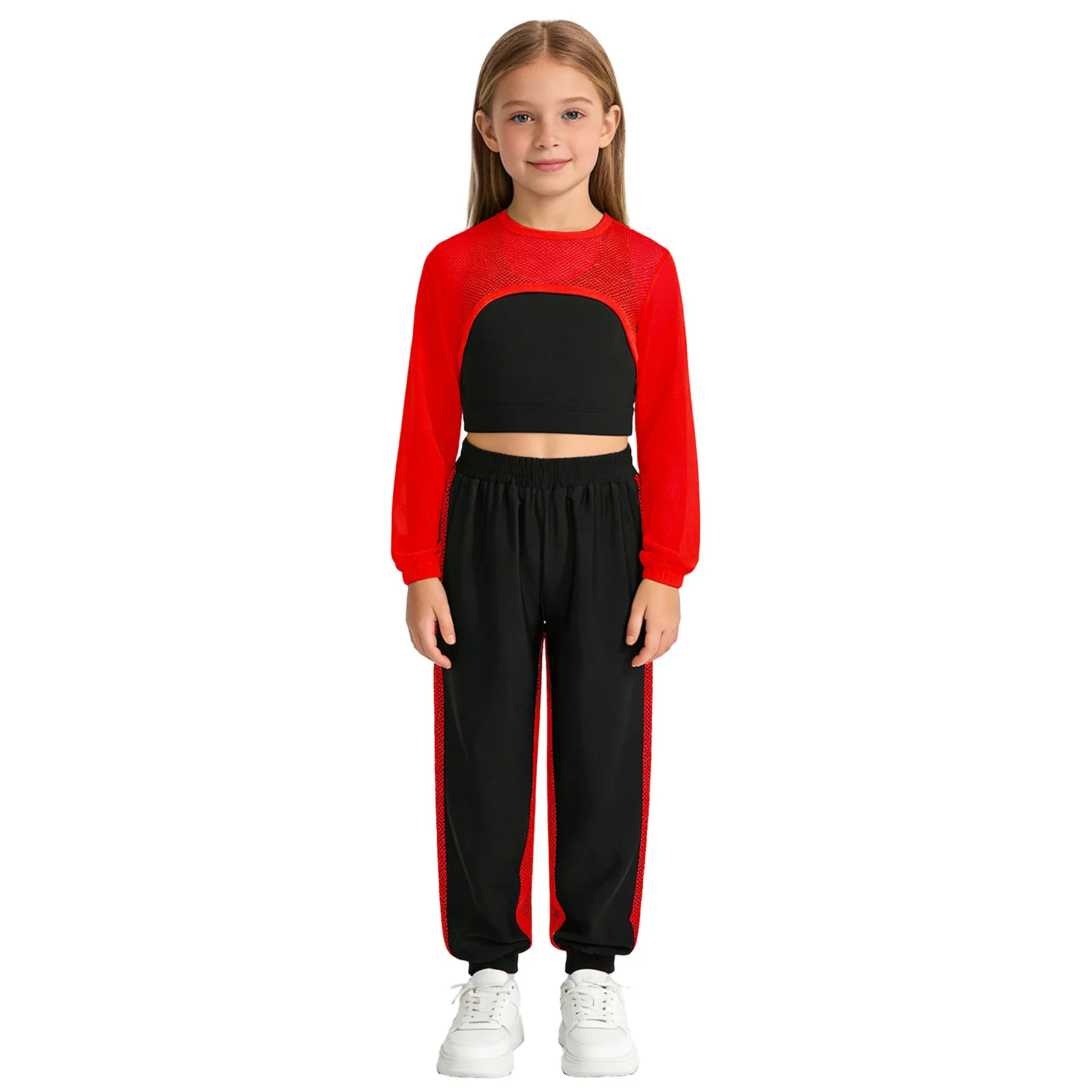 Traje de actuación de baile callejero de hip-hop para niñas, top corto de malla con mangas largas y cuello en U, chaleco sin mangas y pantalones