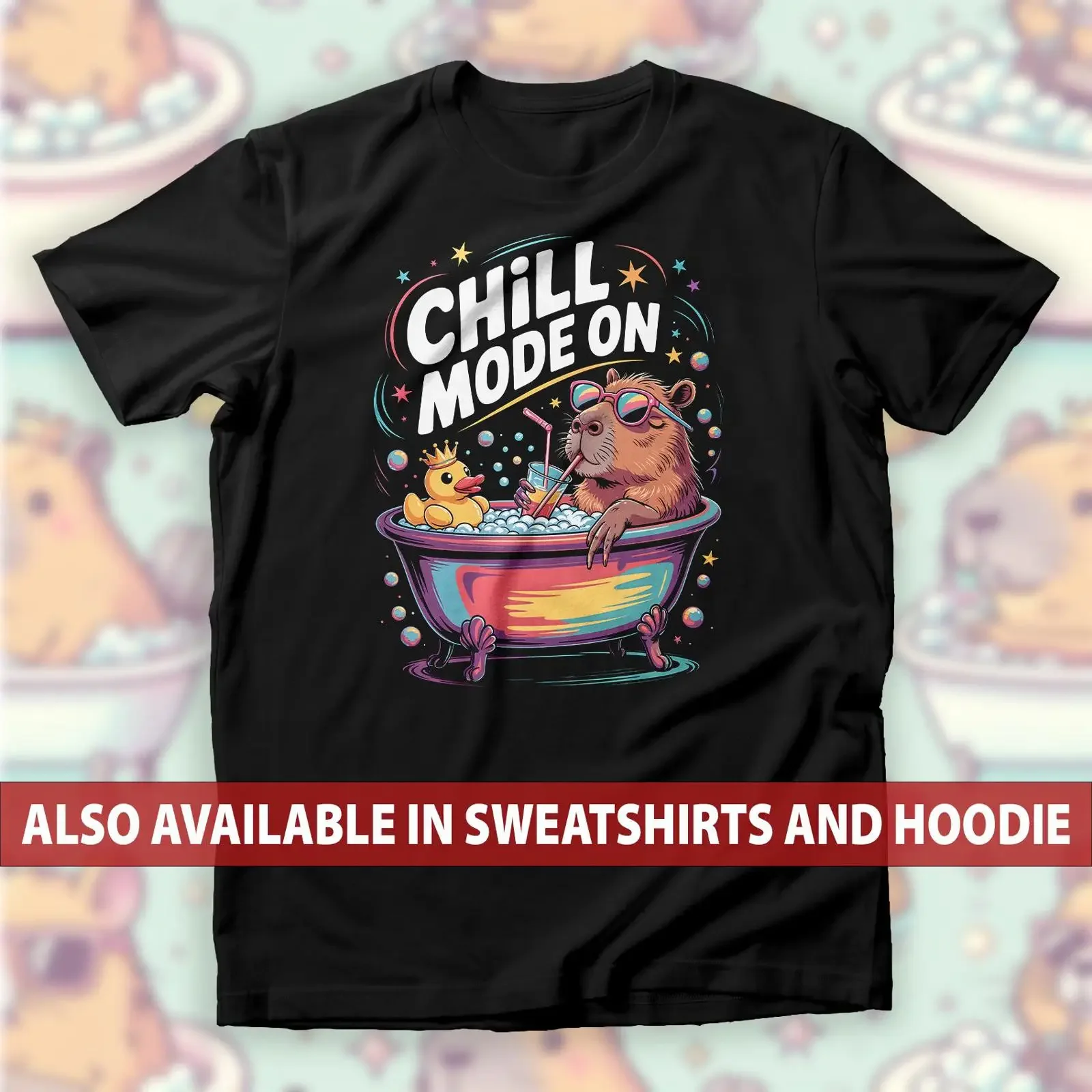 Chill Mode On Capybara Bubble Bath T Shirt Sunglasses Juice Rubber Duck Cute Lazy Animal Relax Stress Relief vintage Washed